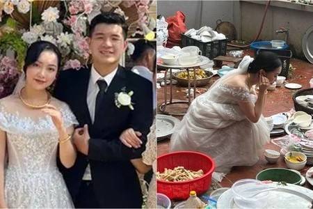 Ngày cưới đã rất mệt, vợ Đức Chinh mặc váy cô dâu “ngán ngẩm” nhìn đống bát sau khi tiệc tàn