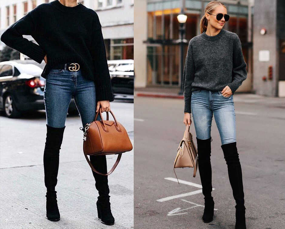 Phối boot cao cổ nữ cùng quần jean và áo len