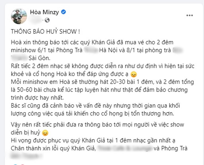 Hòa Minzy bất ngờ thông báo hủy show vì lý do sức khỏe