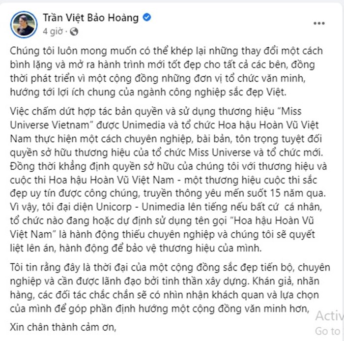 CEO Bảo Hoàng lên tiếng khi Fanpage Miss Universe Vietnam sử dụng tên Hoa hậu Hoàn vũ Việt Nam