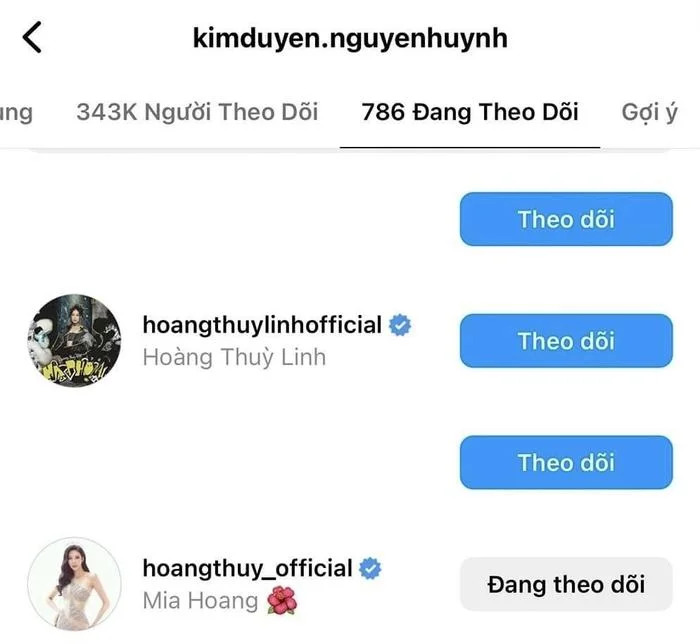 Kim Duyên vẫn theo dõi Instagram của Hoàng Thùy.