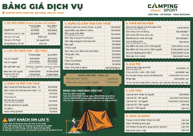 Bảng giá dịch vụ khu Camping Sport - điểm cắm trại gần Hà Nội